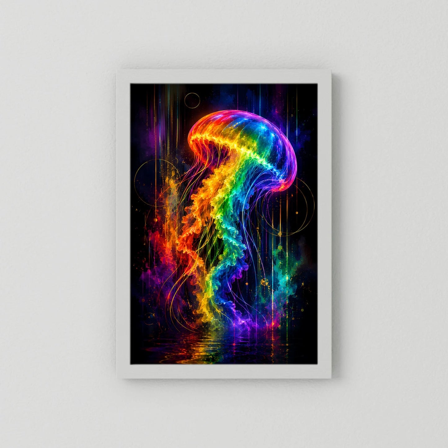 Neon-Quallen-Poster mit weißem Rahmen, bunte leuchtende Quallenform