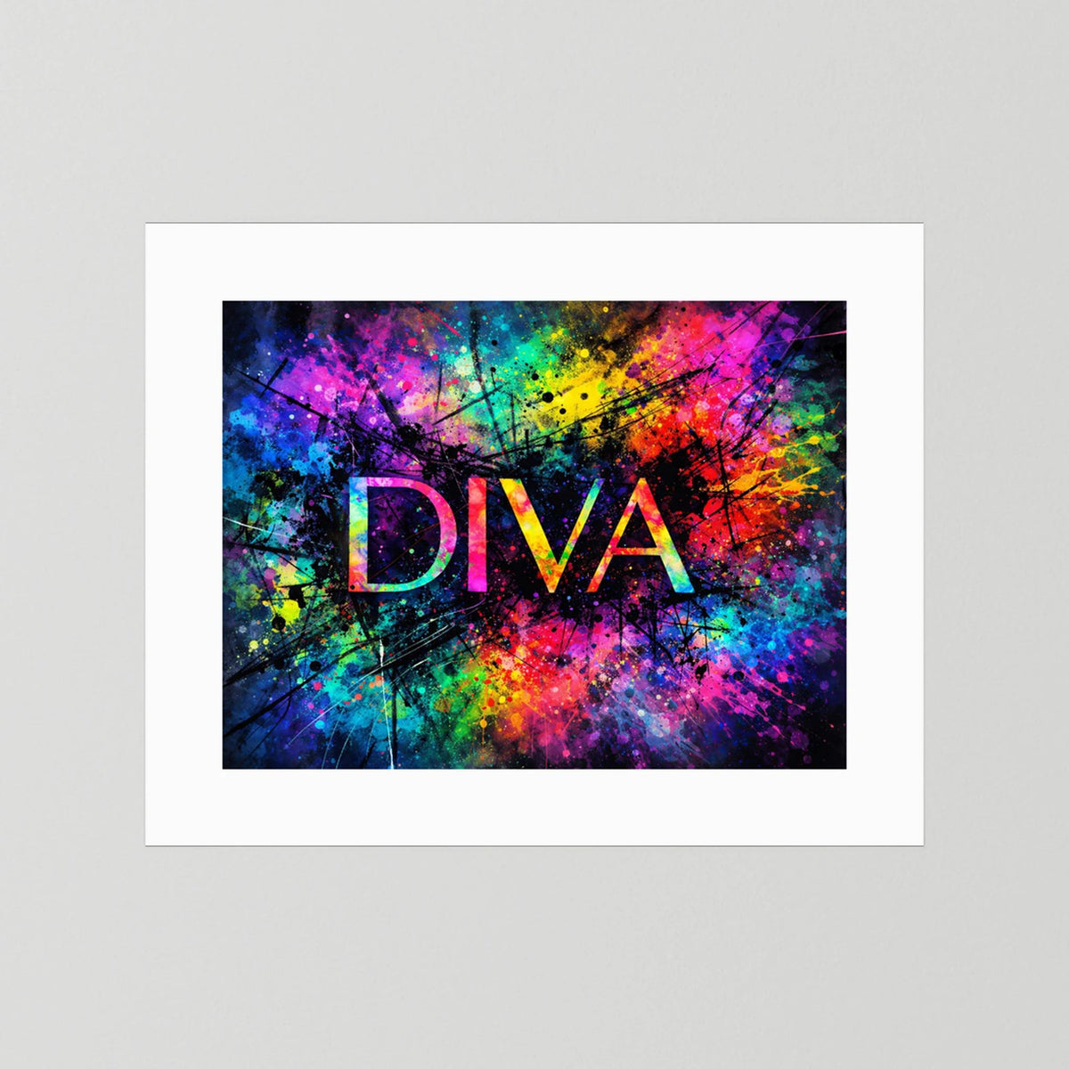 Wandbild „DIVA“ im Passepartout mit abstraktem Neon-Farbdesign, ohne Glas