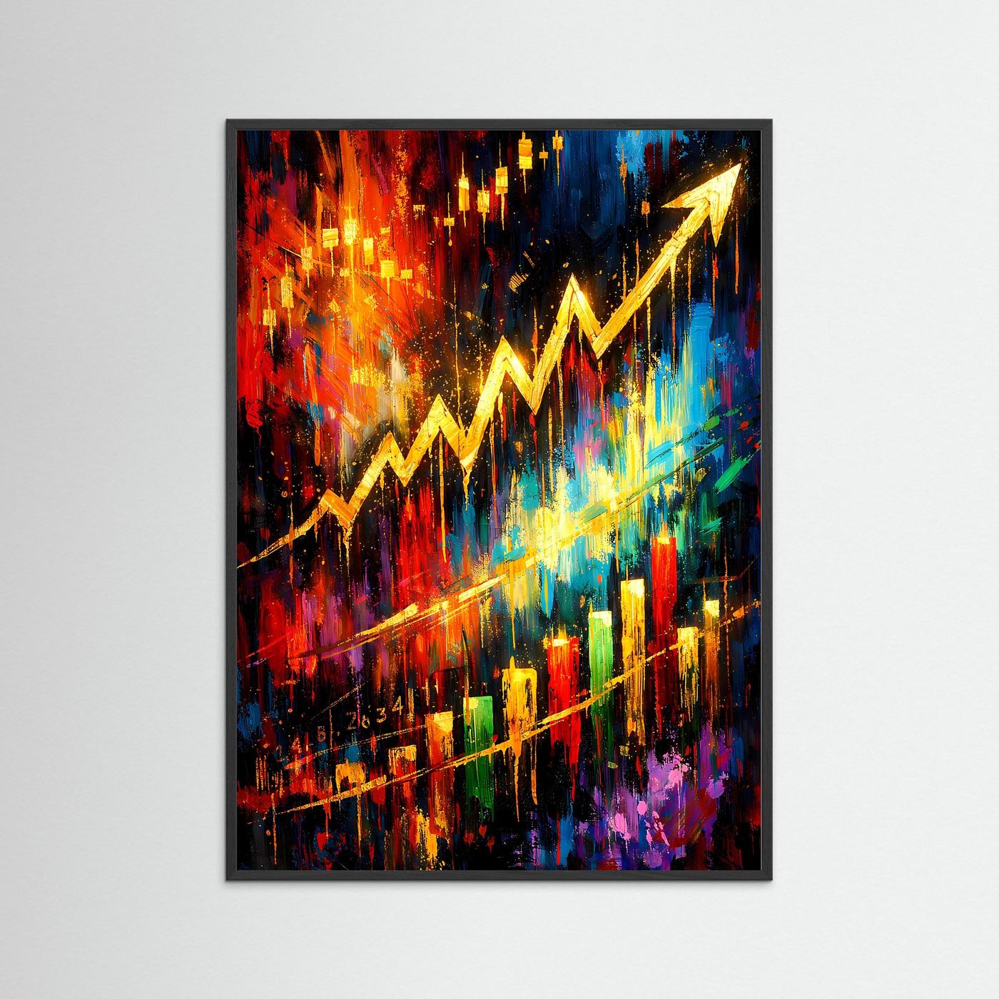 Hochformatiges Kunstposter mit abstraktem Börsen-Chart in Gold, Rot und Blau, schwarz gerahmt