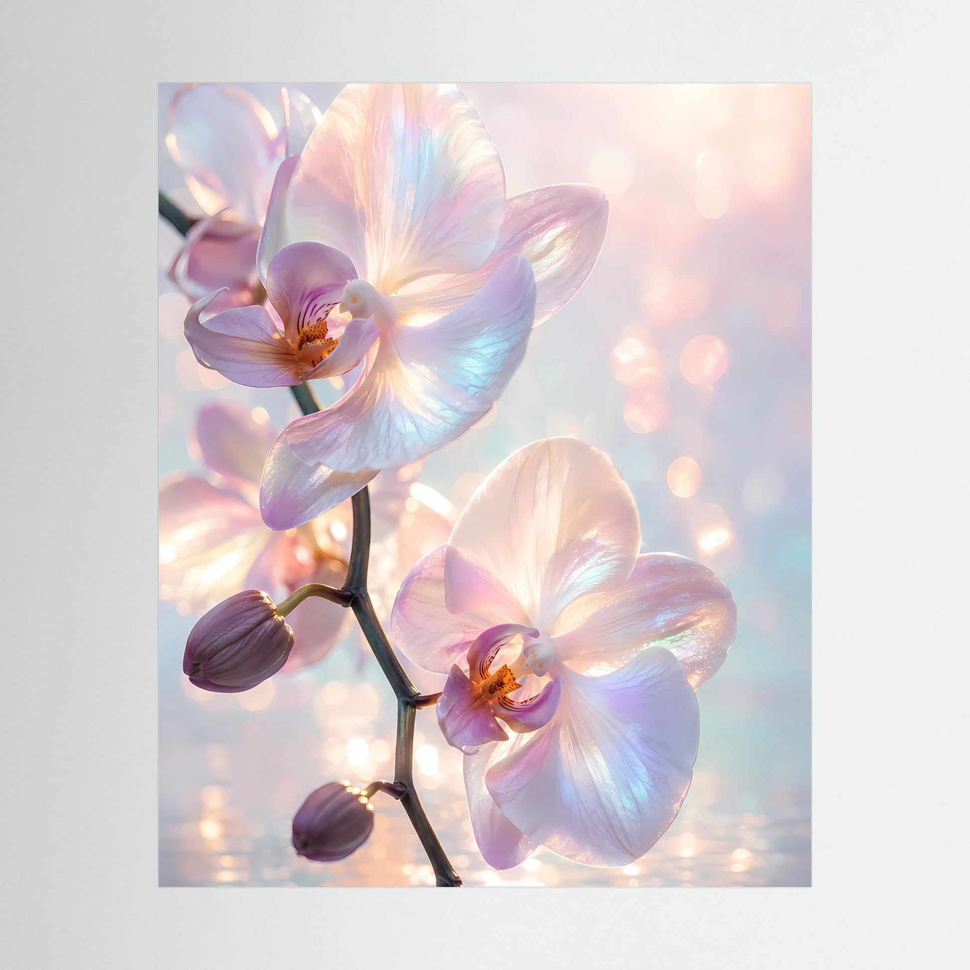 Kunstposter mit Orchideenblüten in Pastellrosa und Hellblau auf vertikaler Bildfläche