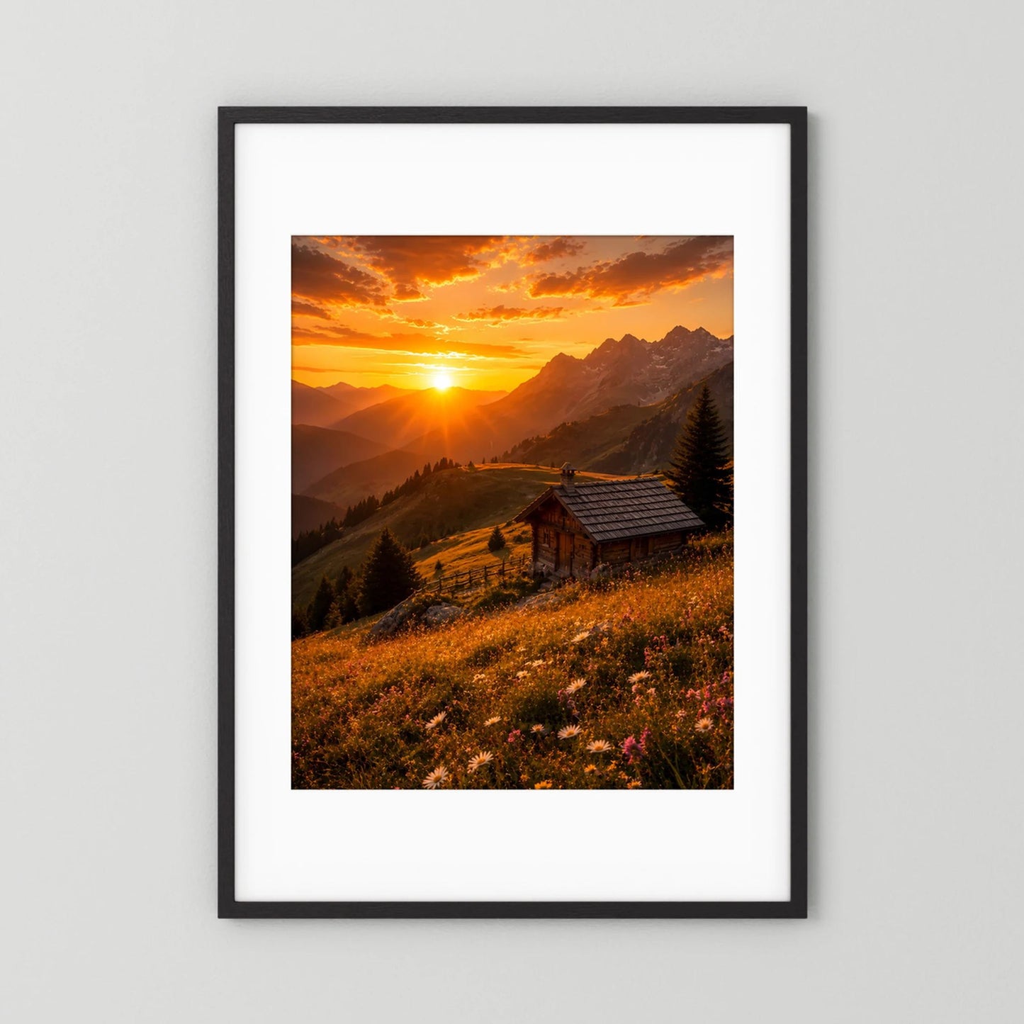 Poster im schwarzem Rahmen mit weißem Passepartout: Sonnenuntergang, Berge und Berghütte