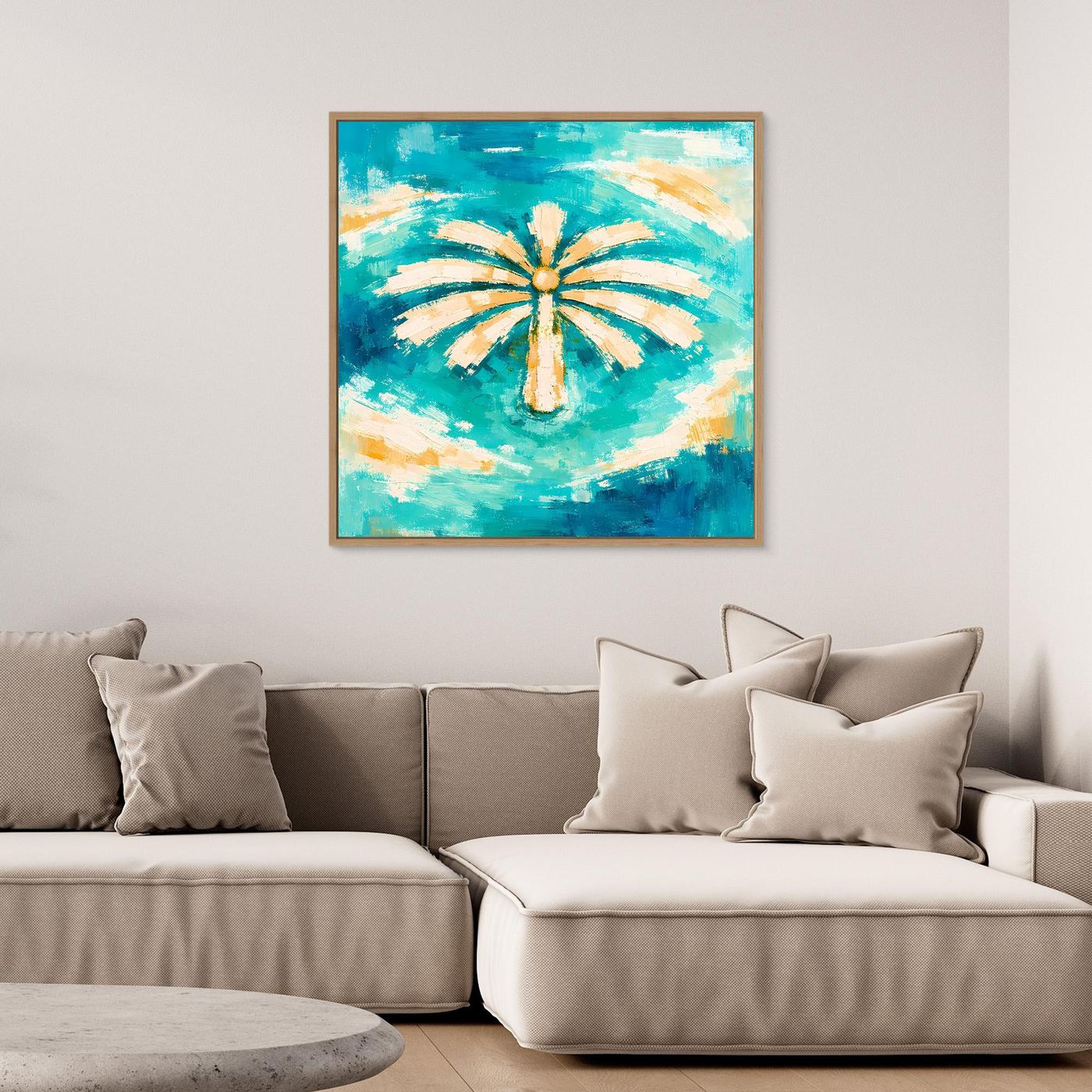 Leinwand Abstrakte Palme im Meer | Modernes Dubai Palmeninsel Wandbild Türkis