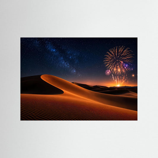 Sanddünen-Querformatposter mit Sternenhimmel und Feuerwerk, ohne sichtbaren Rahmen