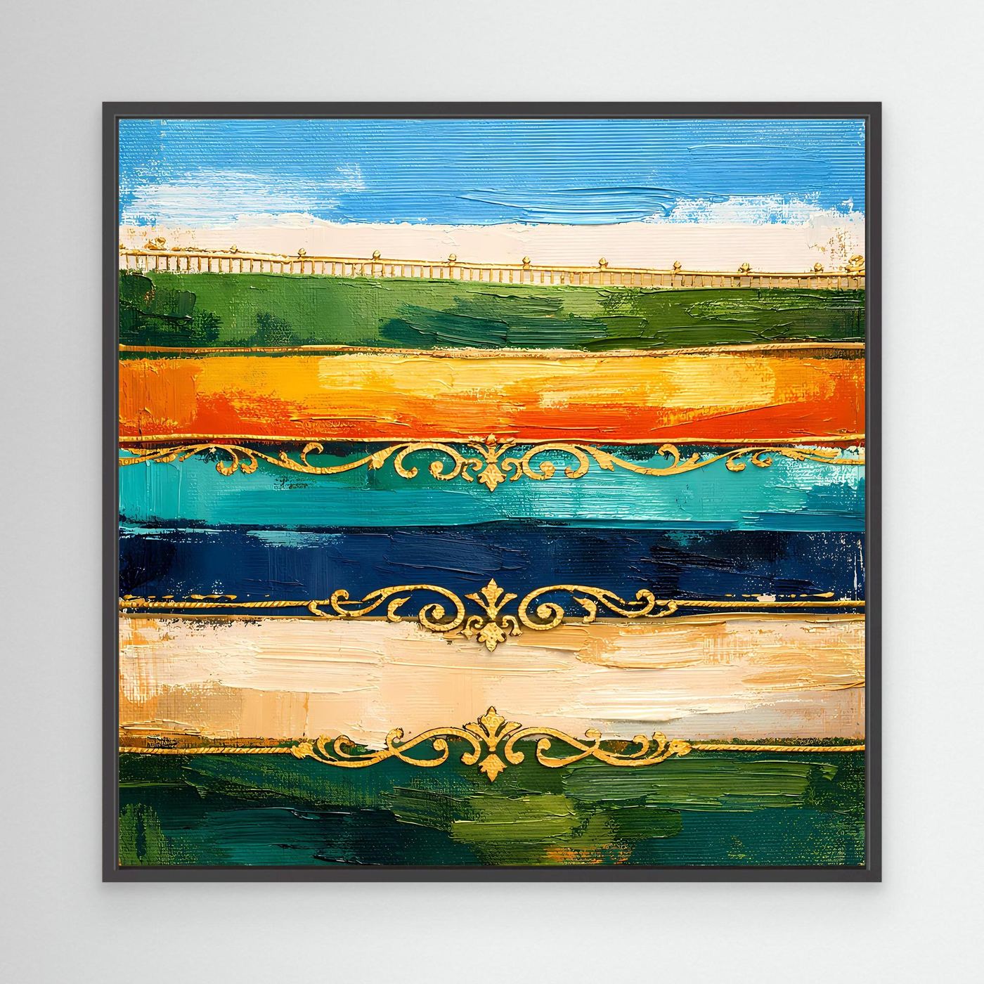 Leinwand Elegante Abstrakte Farbstreifen | Modernes Wandbild mit Goldornamenten