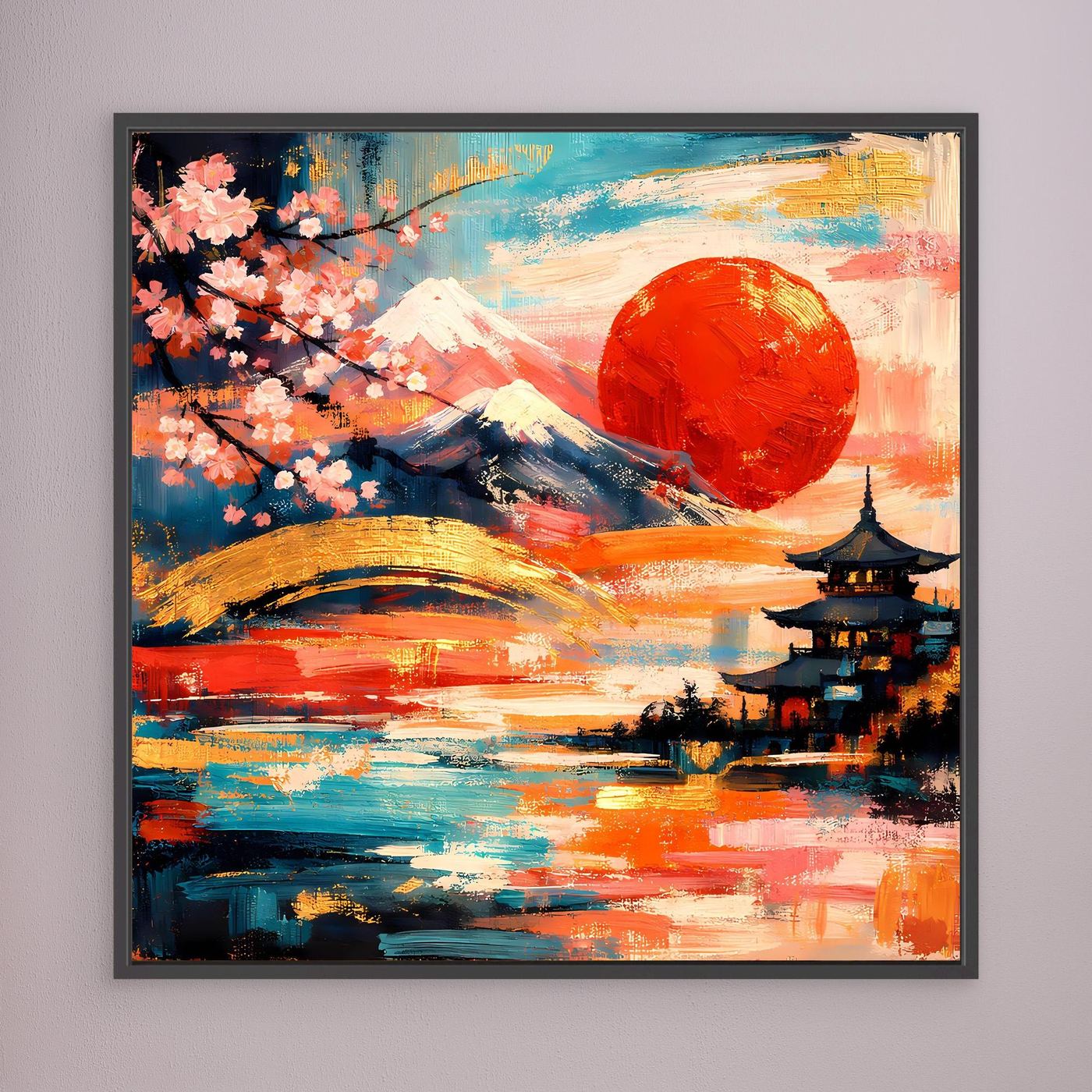 Gerahmtes Leinwandbild mit Berg Fuji in abstrakten Pinselstrichen, Kirschblüten und Pagode