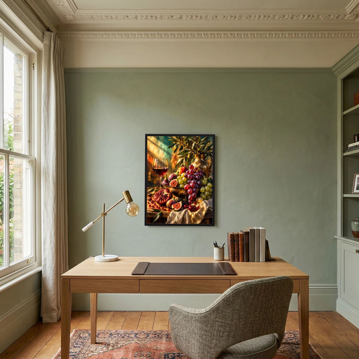 Poster an der Wand mit Stillleben aus Weintrauben, Feigen, Granatapfel und Wein