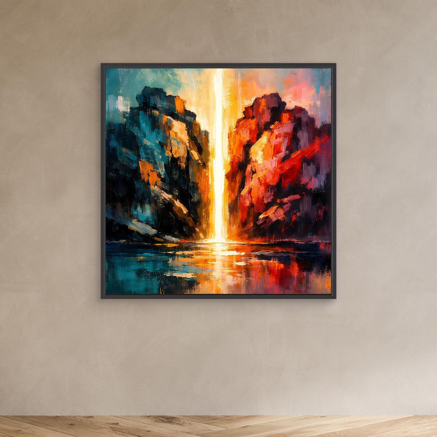 Premium Leinwand Magischer Lichtwasserfall im Canyon | Abstraktes Natur Wandbild farbenfroh