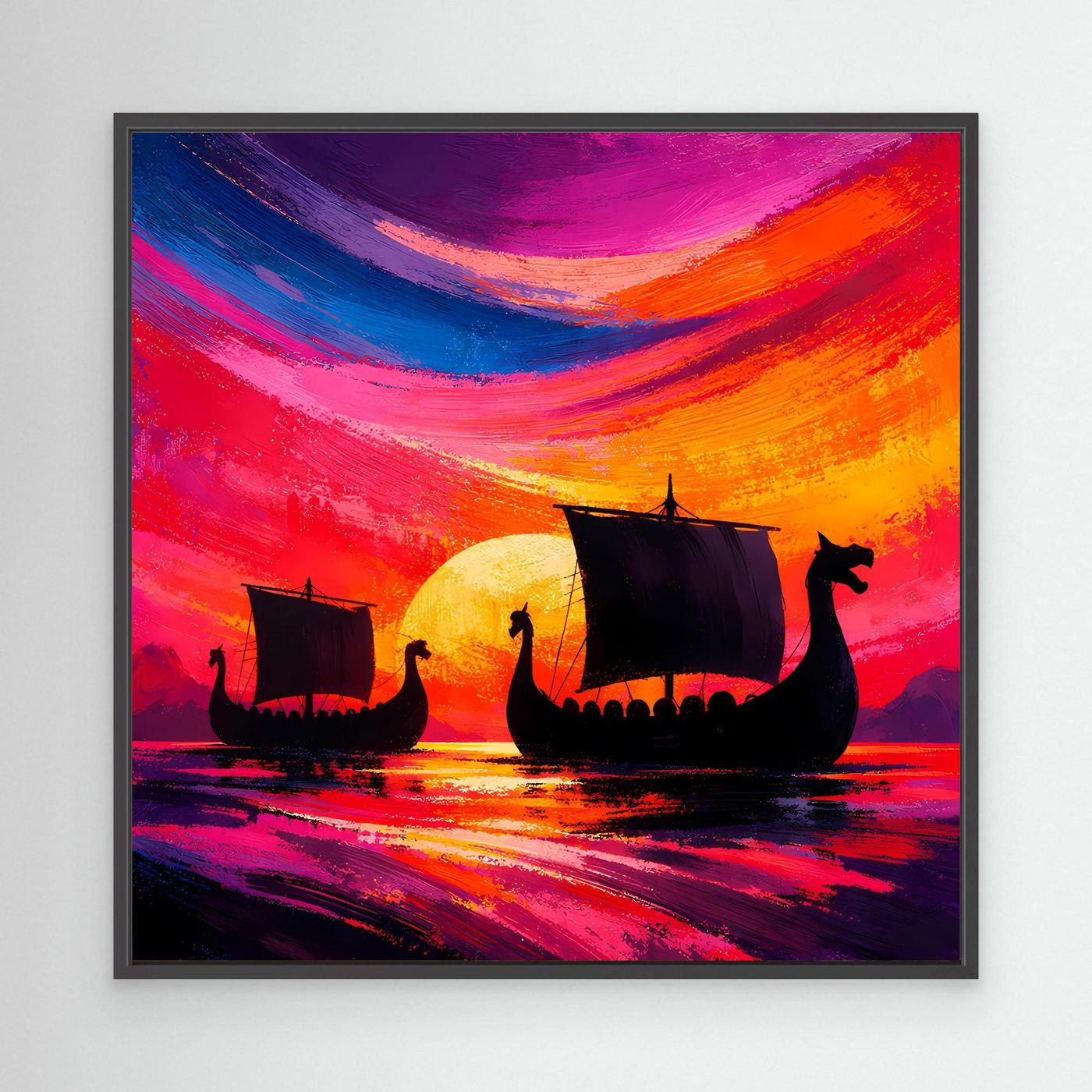 Quadratisches Leinwand-Wandbild mit Wikingerschiffen, abstrakter Sonnenuntergang, schwarzer Rahmen