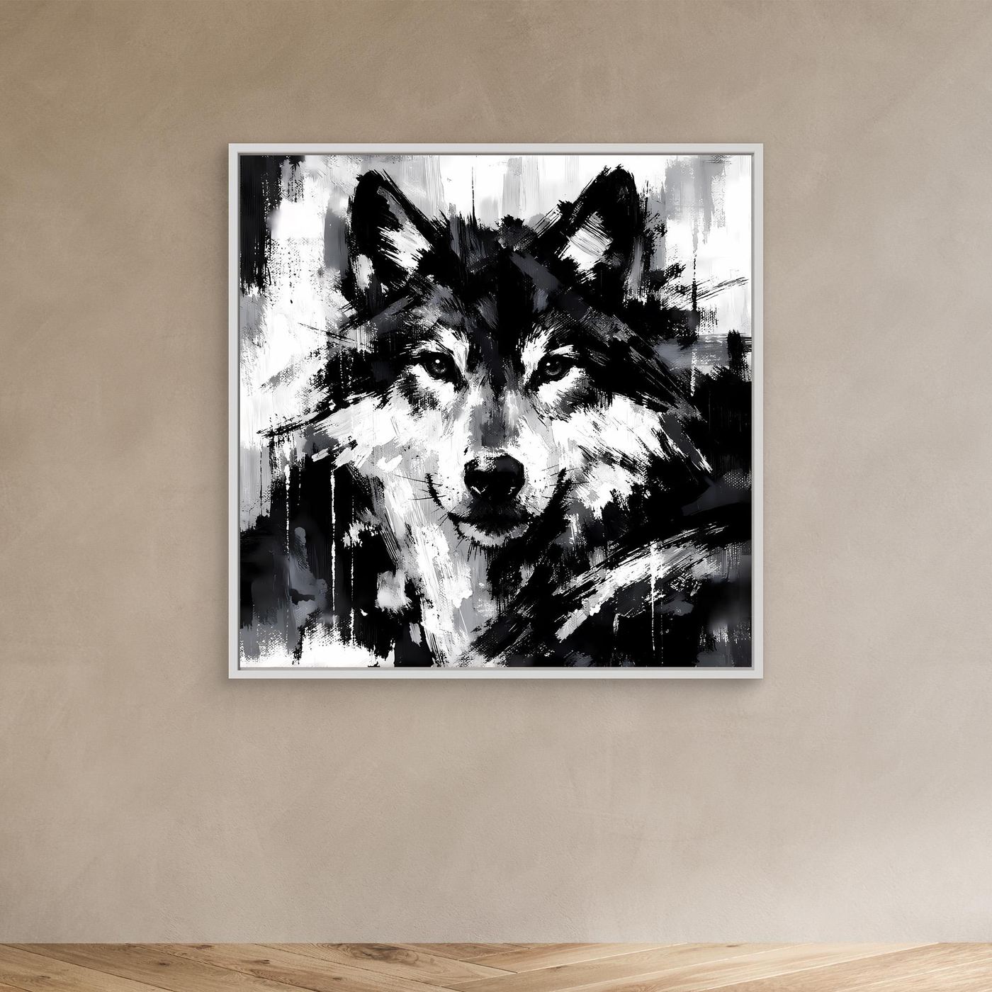 Leinwand-Wandbild mit abstraktem Wolfsgesicht in Schwarzweiß, weißer Rahmen