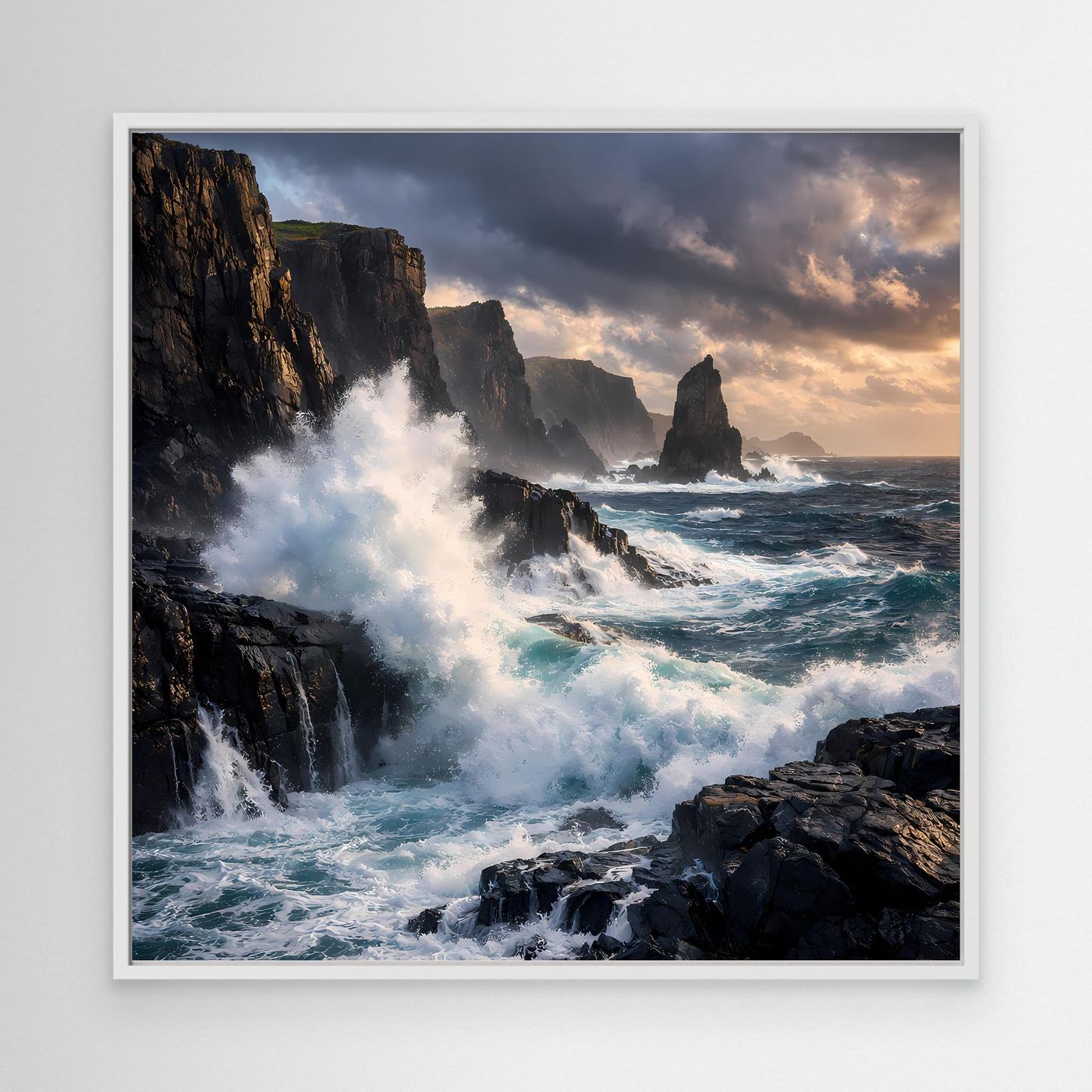 Leinwandbild Steilküste mit tosenden Wellen und Felsen, weiß gerahmt