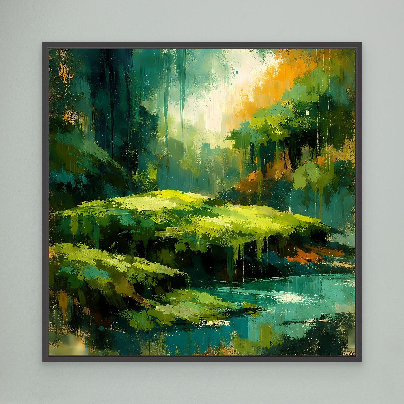 Wandbild mit abstraktem Dschungel und Fluss, grün-gelb-blau, schwarz gerahmt