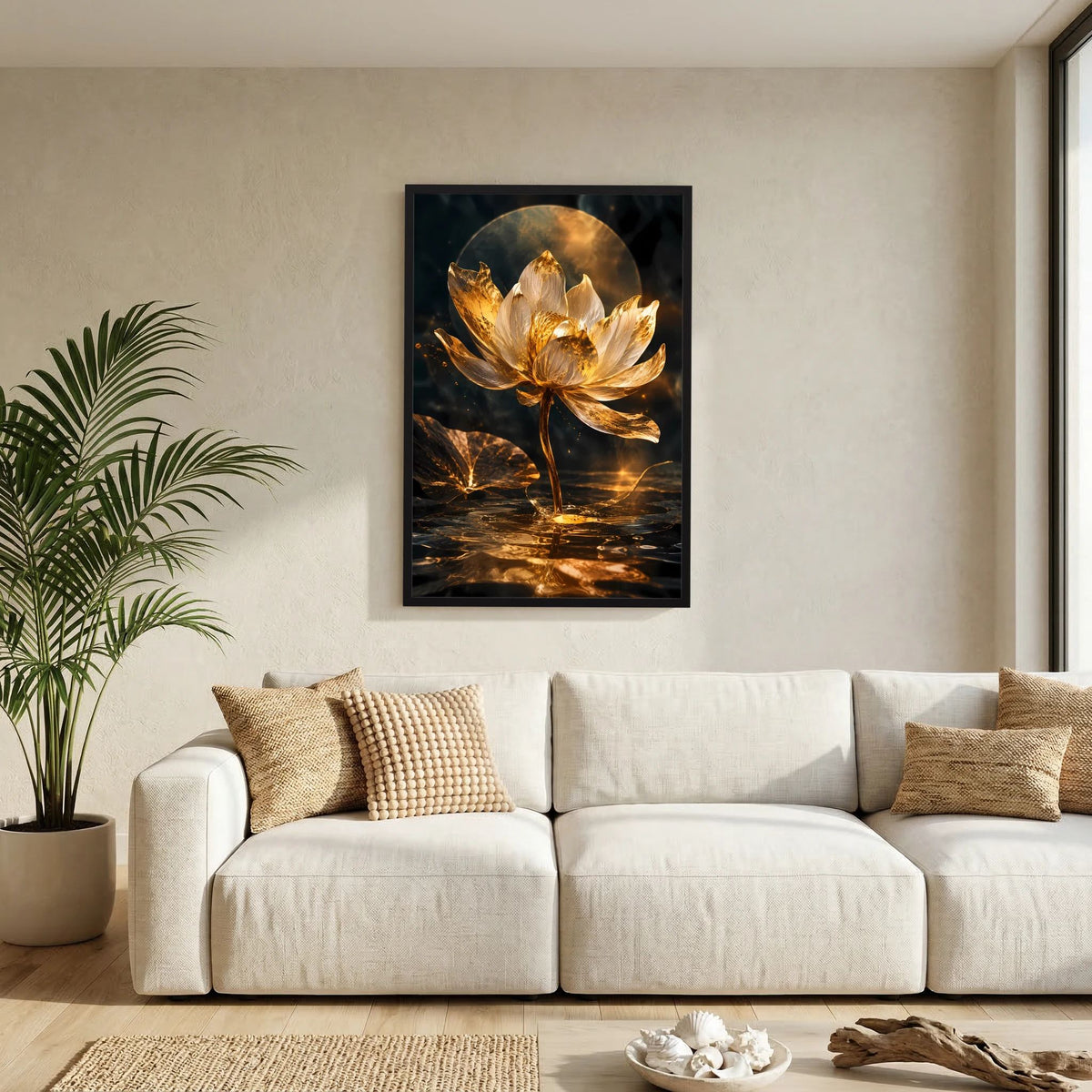 Wandposter im Hochformat mit goldener Lotusblüte in schwarzem Motiv, schwarzer Rahmen.