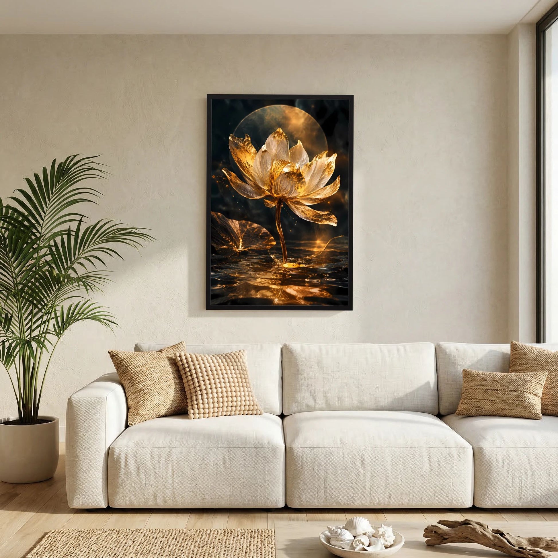 Wandposter im Hochformat mit goldener Lotusblüte in schwarzem Motiv, schwarzer Rahmen.