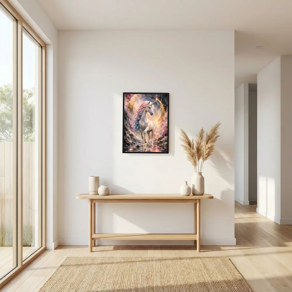 Gerahmtes Poster mit Einhorn, pastellfarbener Mähne und goldenen Sternen