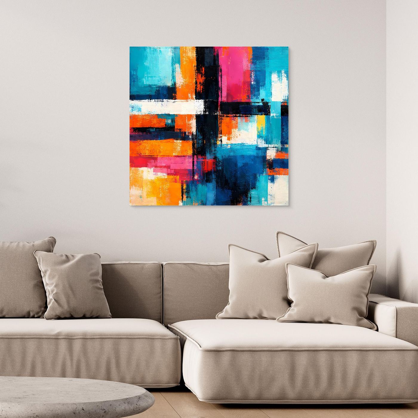 Abstract geometric canvas wall art with colorful blocks, lines, and a central dark cross shape