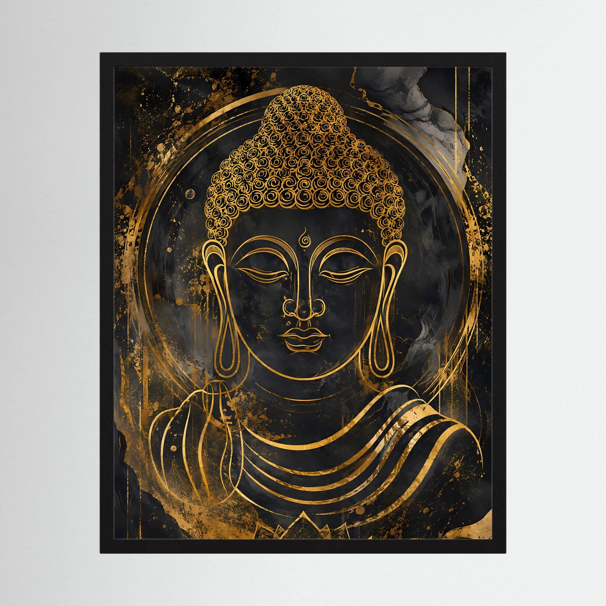 Buddha-Poster mit schwarzem Rahmen: goldene Büste auf dunklem Hintergrund