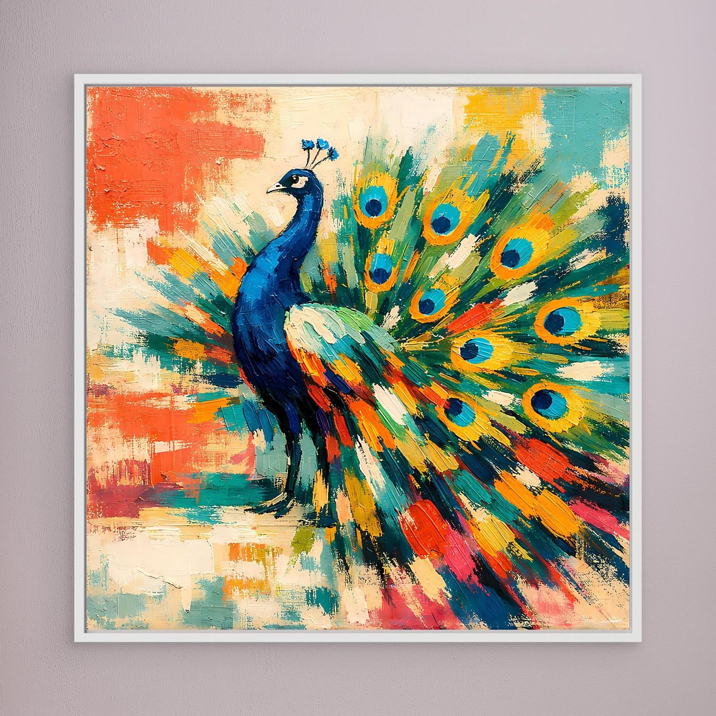 White-framed abstract peacock canvas wall art with blue bird and multicolor tail fan