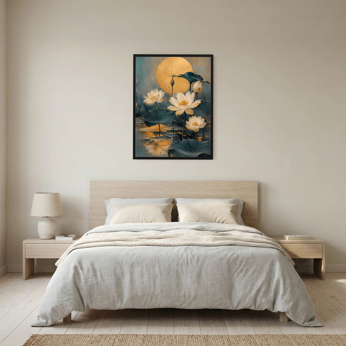 Gerahmtes Hochformat-Poster mit schwarzem Rahmen, goldener Mond-Lotusblüte