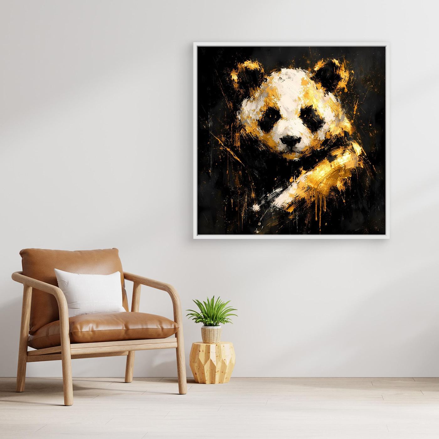 Leinwand Abstrakter Panda in Gold und Weiß | Modernes Tier Wandbild