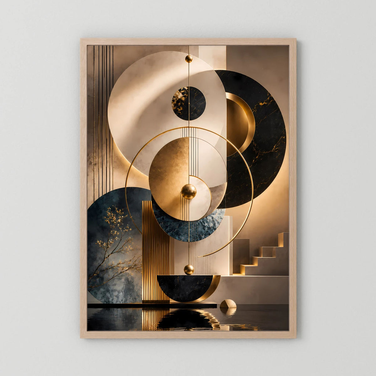 Eichenholz gerahmtes Poster mit abstrakten Kreisen in Gold, Schwarz, Beige & Petrol, Hochformat.
