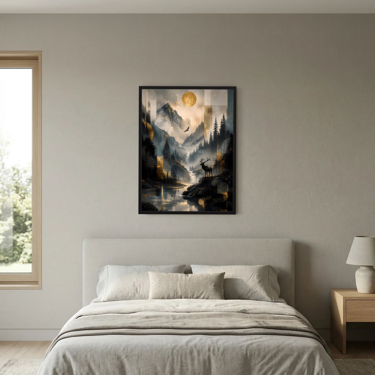 Poster im schwarzen Rahmen mit Bergtal, Hirsch im Vordergrund und goldener Sonne