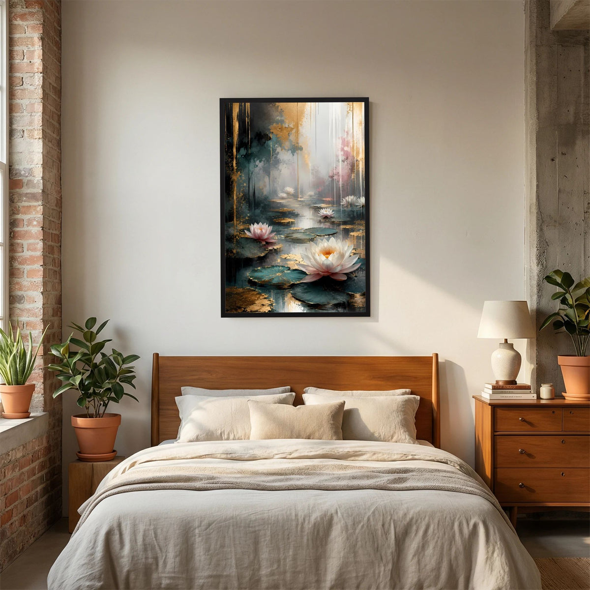 Poster mit Seerosenteich-Motiv in Weiß und Rosa, schwarze Einfassung, Hochformat