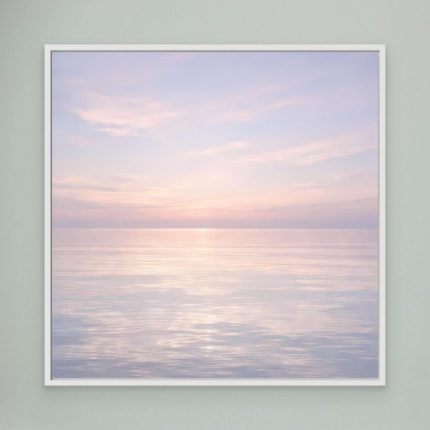 Leinwandbild mit hellem weißen Rahmen, ruhiges Pastellmeer mit zartem Sonnenuntergang