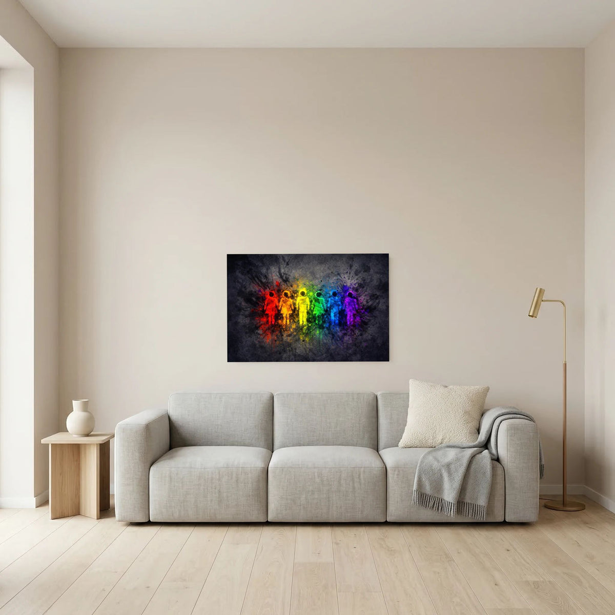 Gerahmtes kleines Querformat-Wandbild mit Regenbogenfarben und Menschen-Silhouetten