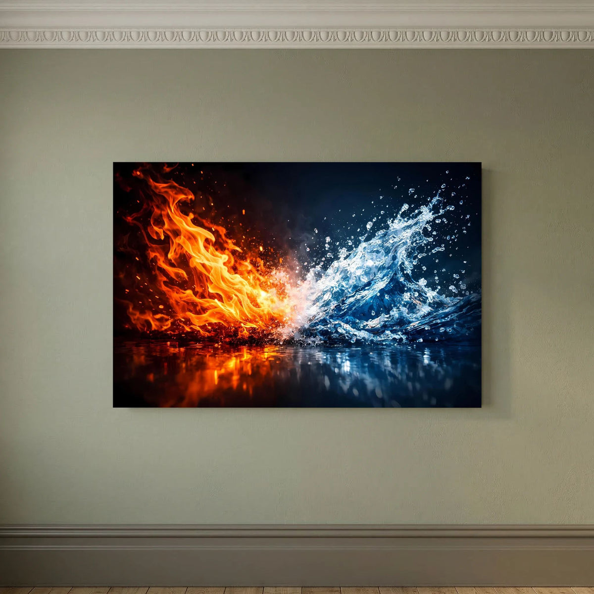 Querformatiges Kunstposter mit Feuer-und-Wasser-Abstraktion, rot-orangee Flamme und blaue Wellen