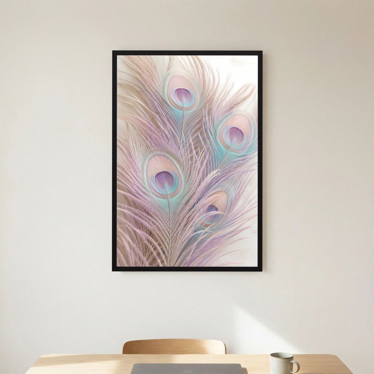 Poster im Hochformat: Pfauenfeder-Motiv in Pastellfarben, schwarzer Rahmen