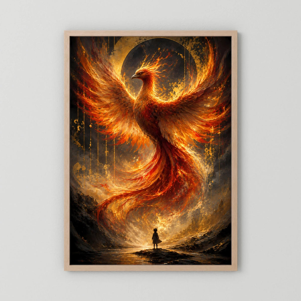Hochformatiges Poster mit gold-orange Phönix aus Feuer, hellbrauner Holzrahmen