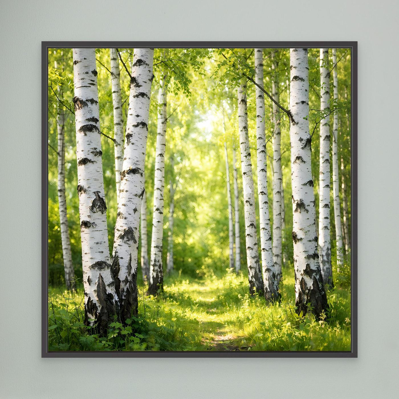 Leinwandbild Birkenwald mit Sonnenlicht, schwarzer Rahmen