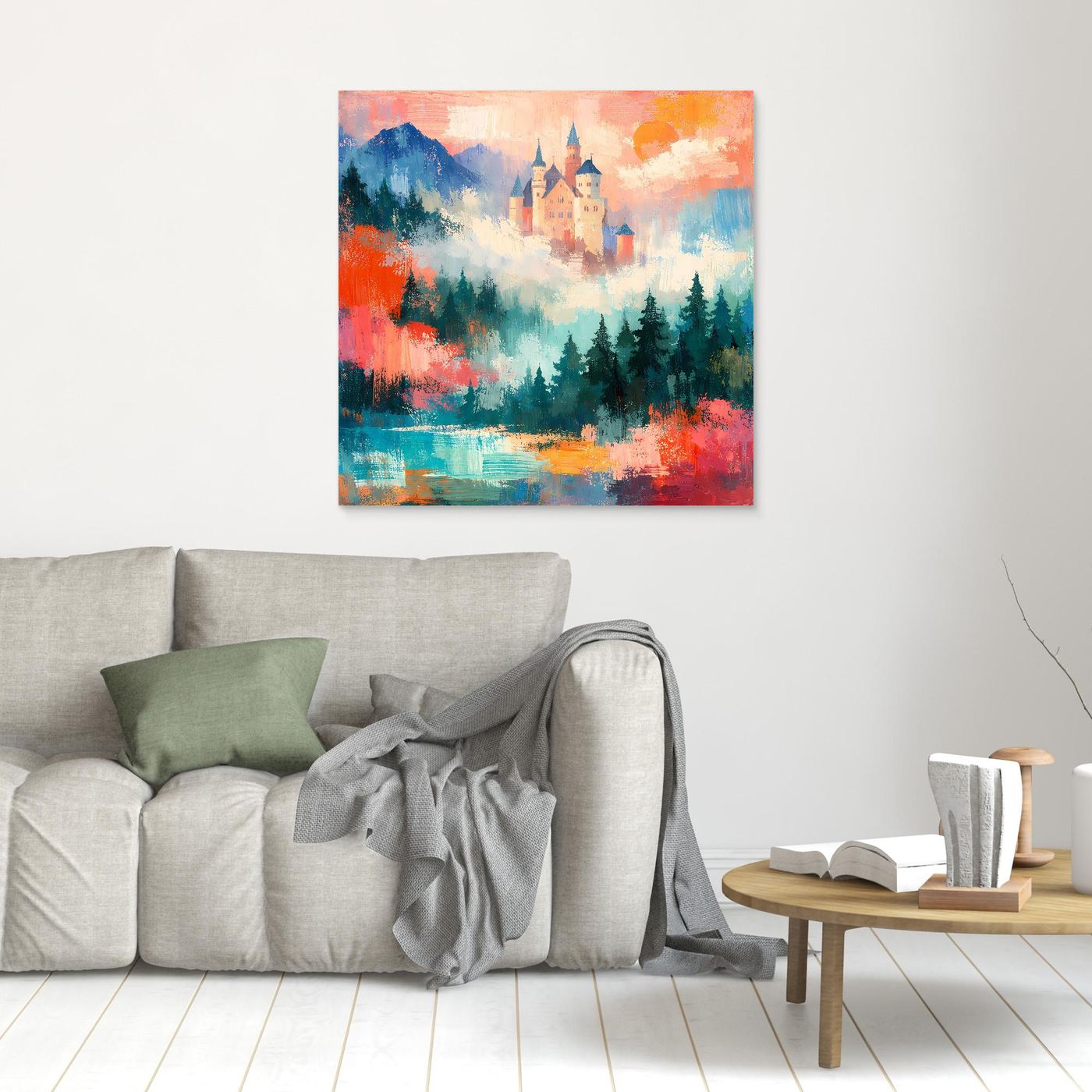 Abstraktes Leinwand-Wandbild mit Schloss und Bergsee, hell umrandet