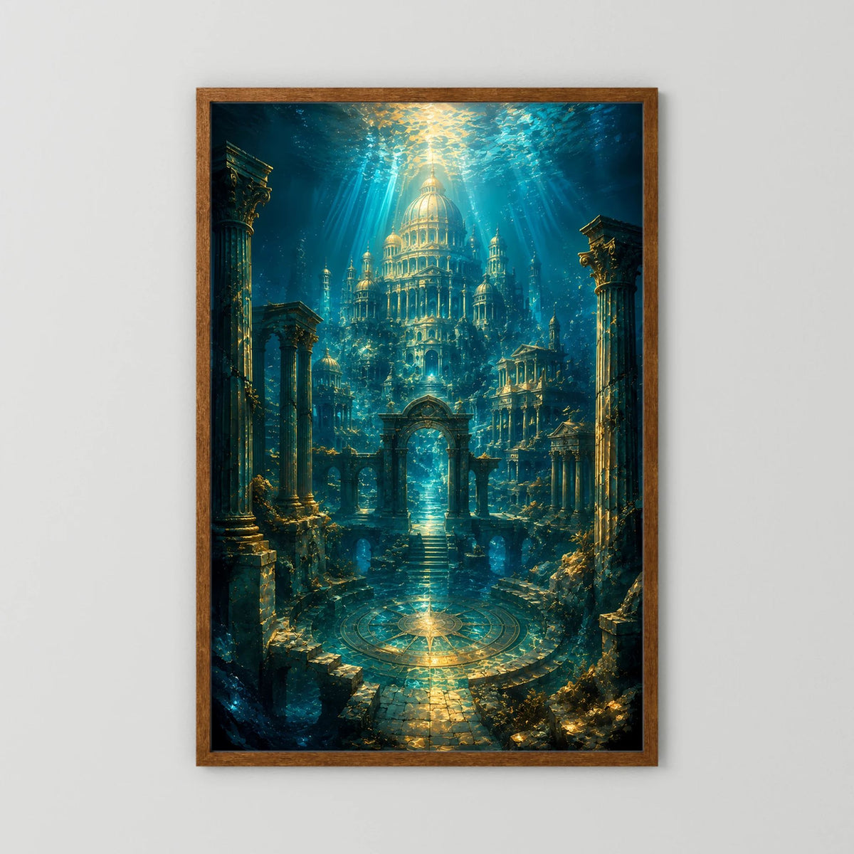 Hochformatiges Poster mit versunkenem Tempel, türkis-blaue Kuppel und goldene Lichtspur.