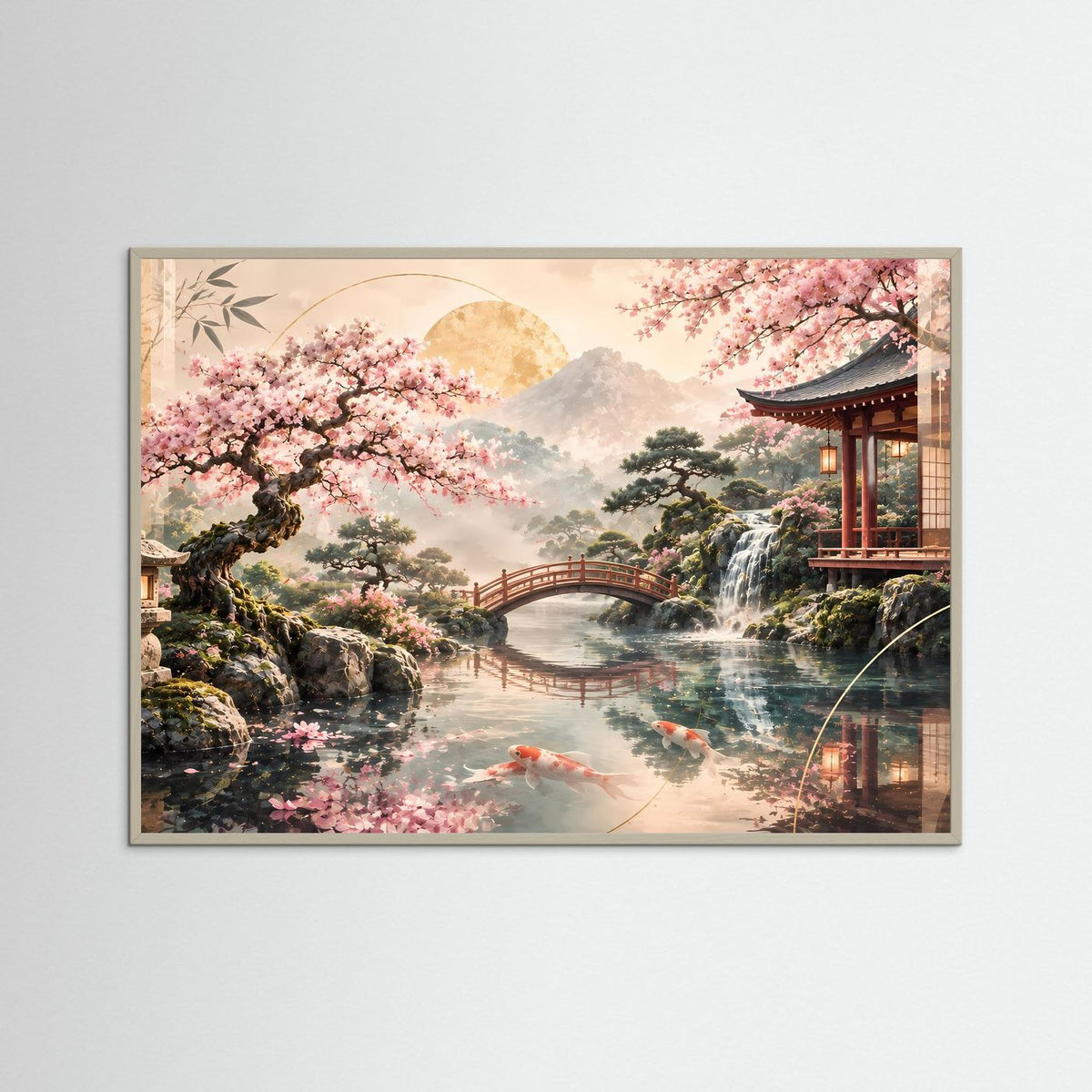 Zen-Garten-Poster im Querformat mit grauem Rahmen; Kirschblütenzweig, Koi-Teich, Tempel
