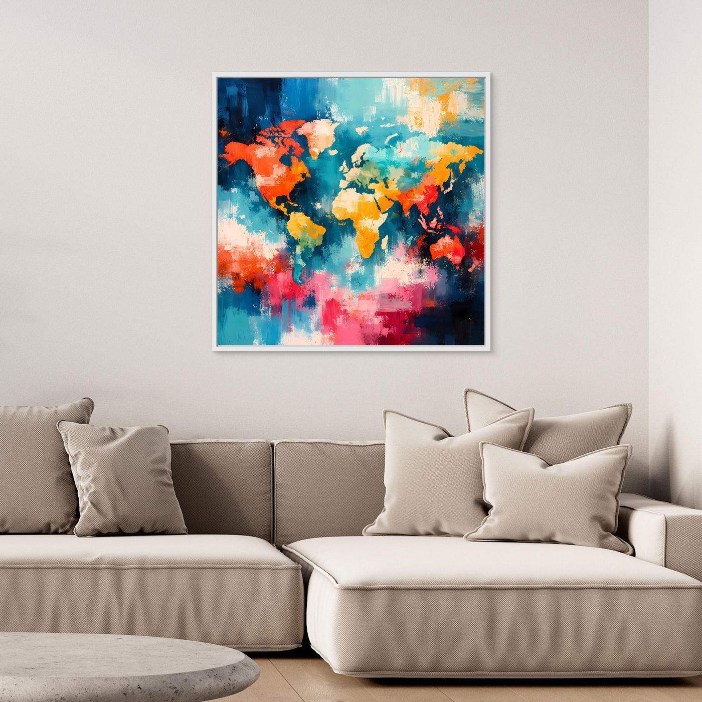 Framed abstract world map wall art with vivid multicolor continents on blue
