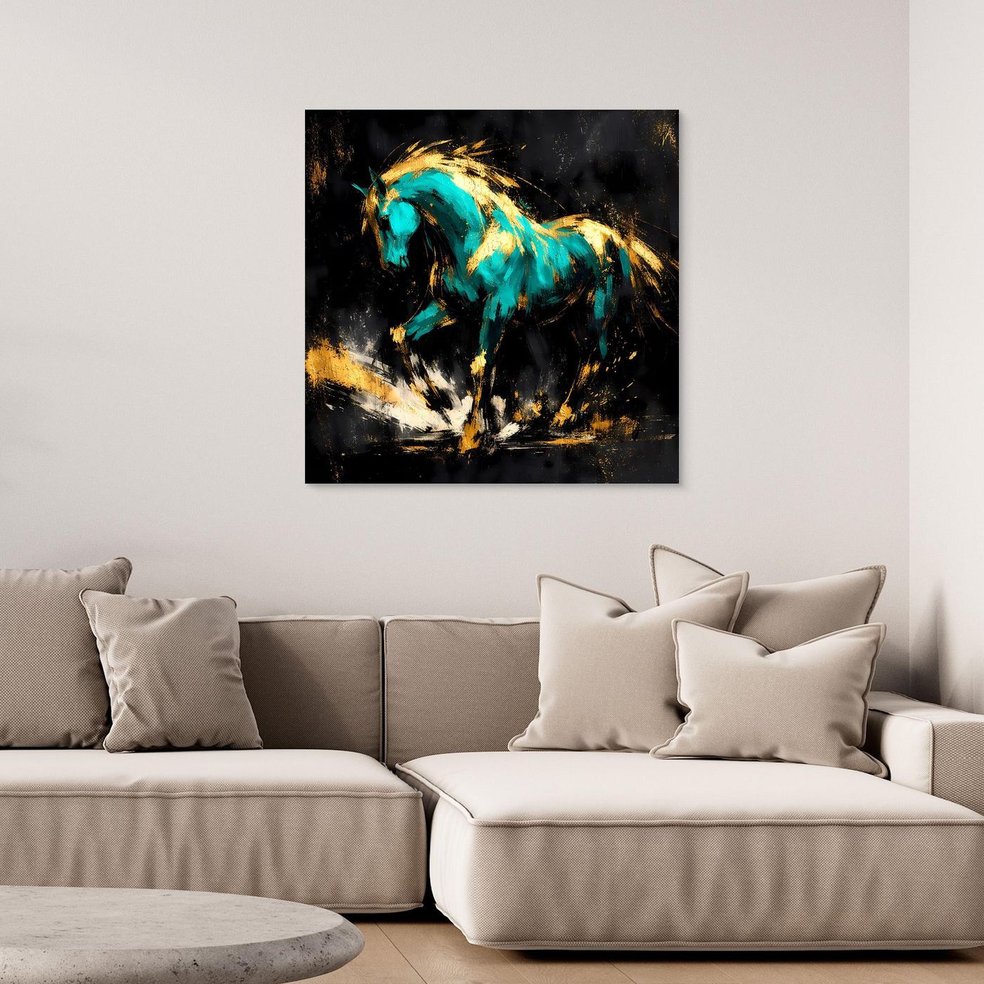 Leinwand Kraftvolles Pferd in Türkis und Gold | Modernes Abstraktes Wildtier Wandbild