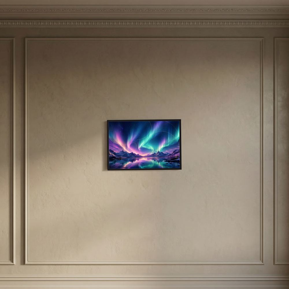 Kleines Wandposter mit Aurora über Berglandschaft, blau-violetter Himmel, schwarzer Rahmen