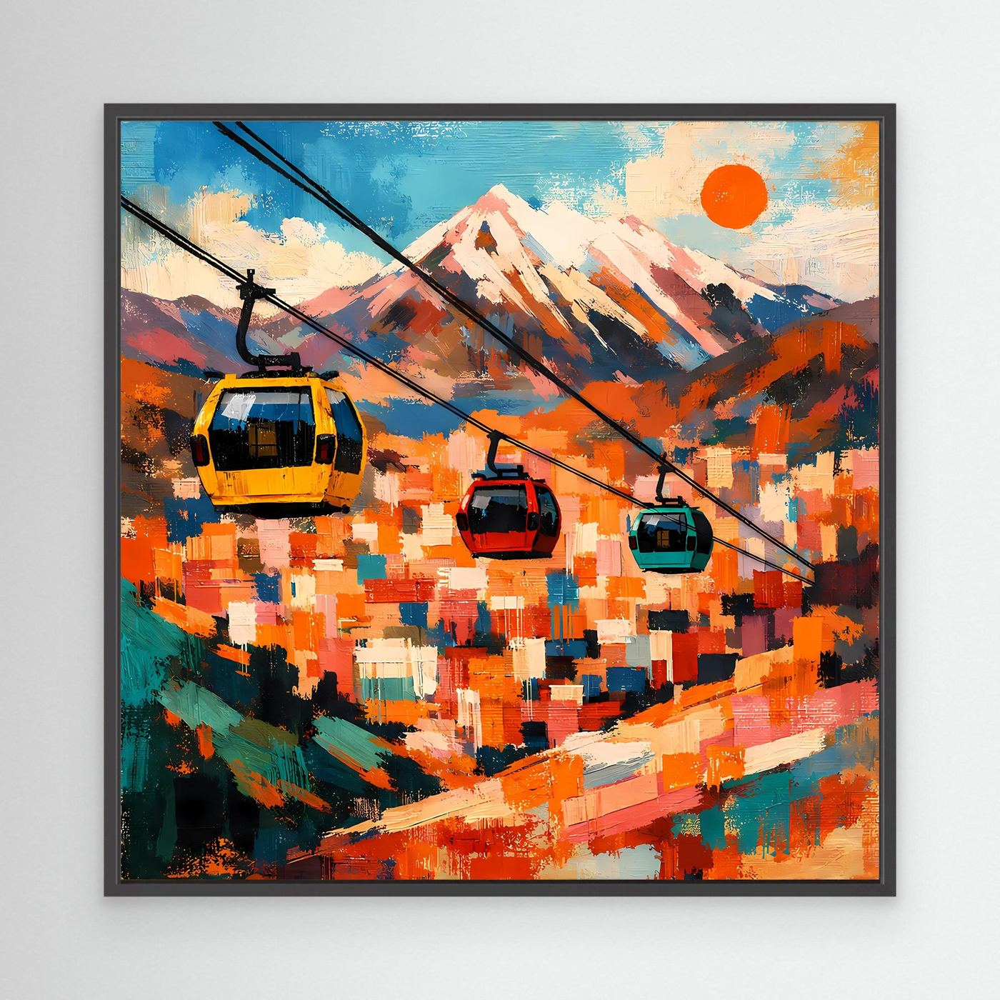 Abstraktes Leinwand-Wandbild mit Seilbahn-Gondeln, Berglandschaft und Sonne, schwarzer Rahmen