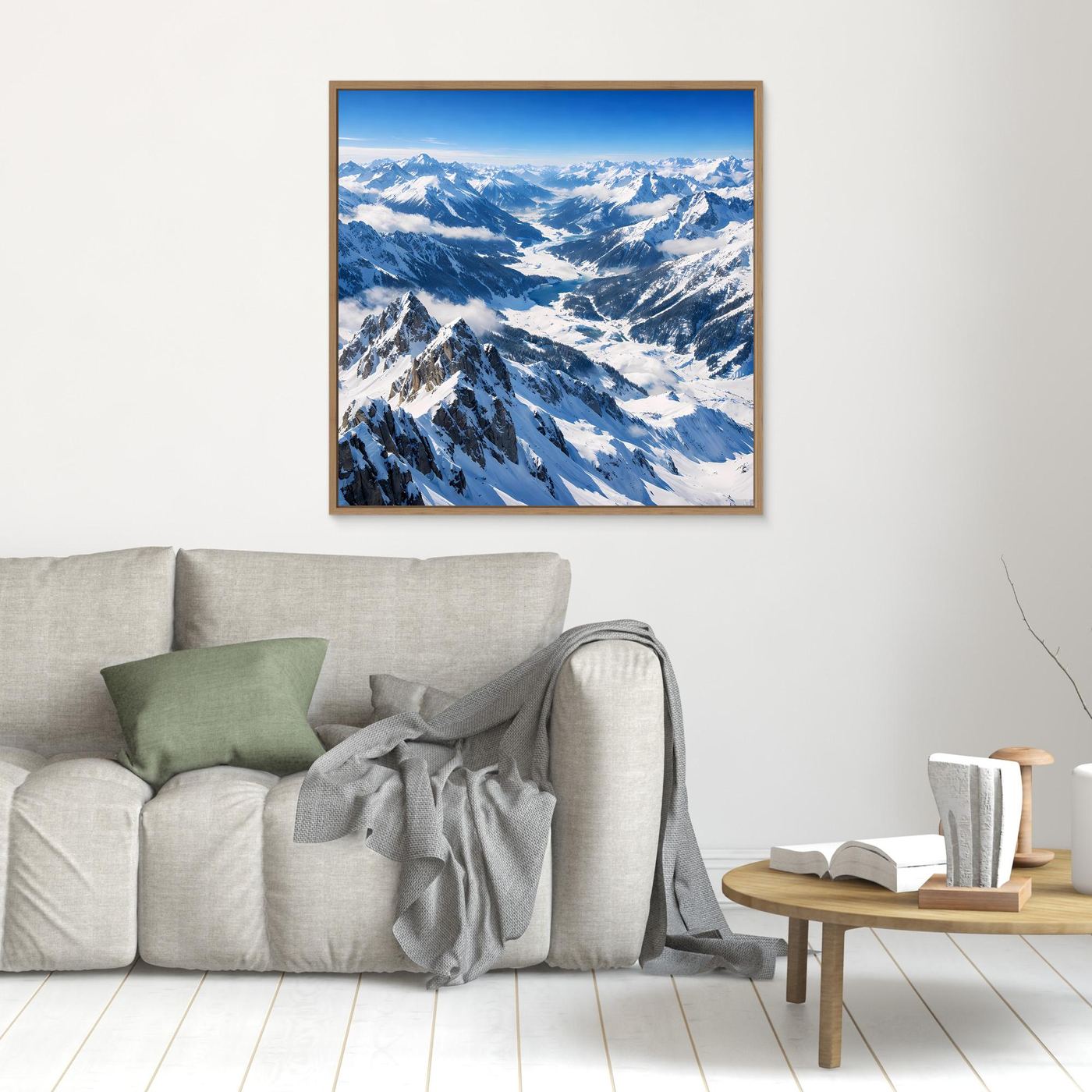 Leinwandbild mit schneebedeckter Alpenpanoramalandschaft, blau-weiß, Holzrahmen
