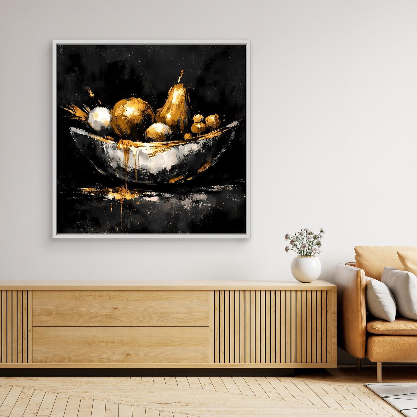 Leinwand Elegante Obstschale in Gold und Silber | Modernes Luxus Stillleben Wandbild