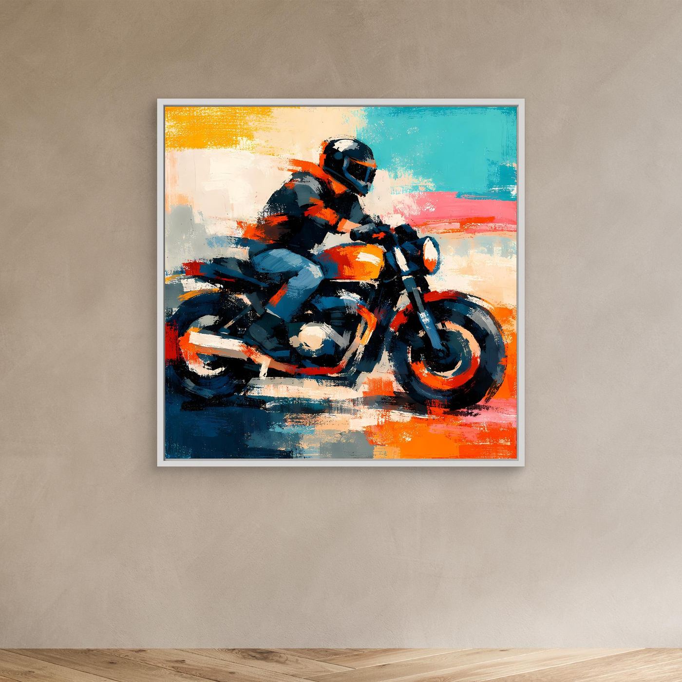 Abstract motorcycle wall art with rider, blue and orange paint strokes, in a white frame