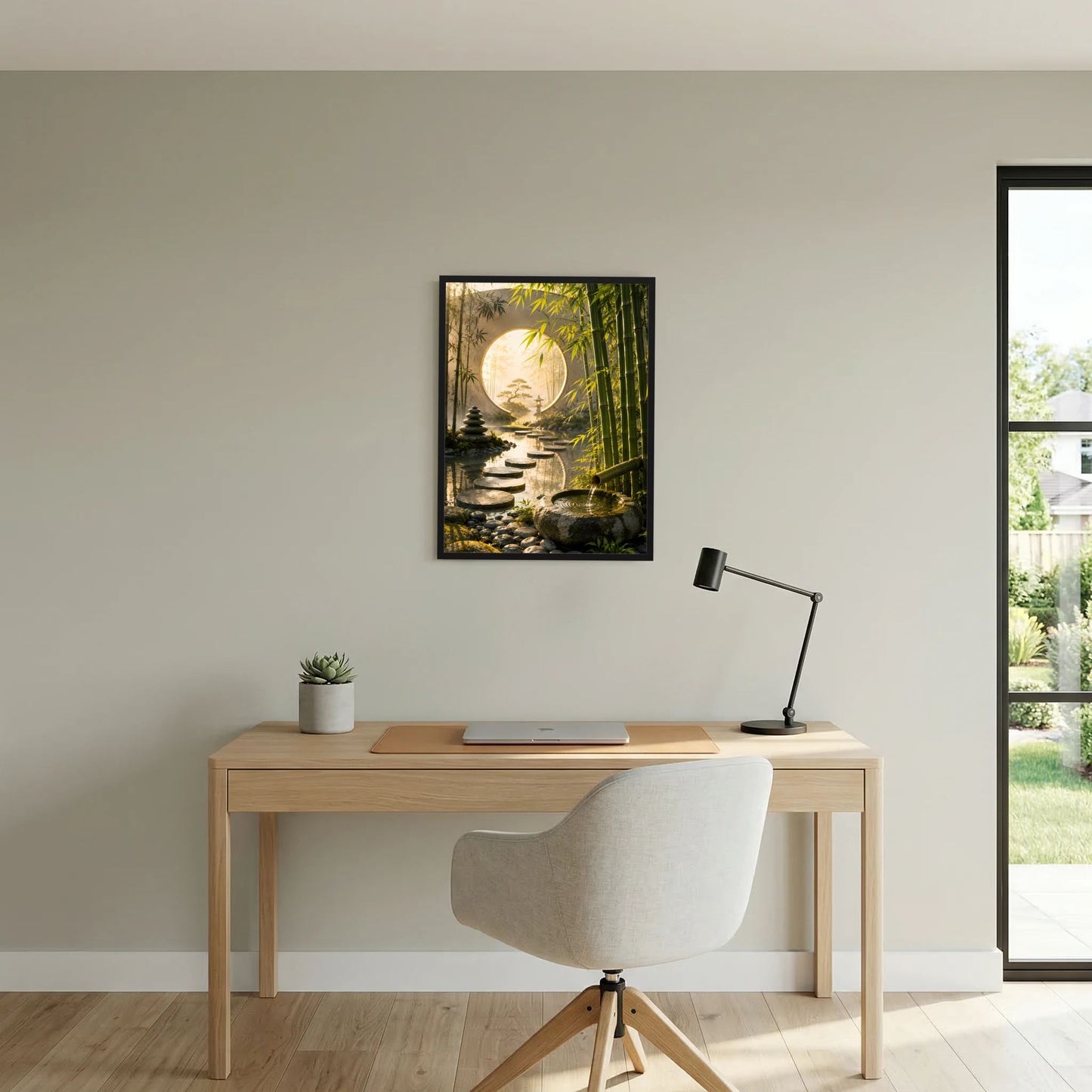 Gerahmtes Hochformat-Poster mit Bambusallee, Mondtor und Trittsteinen