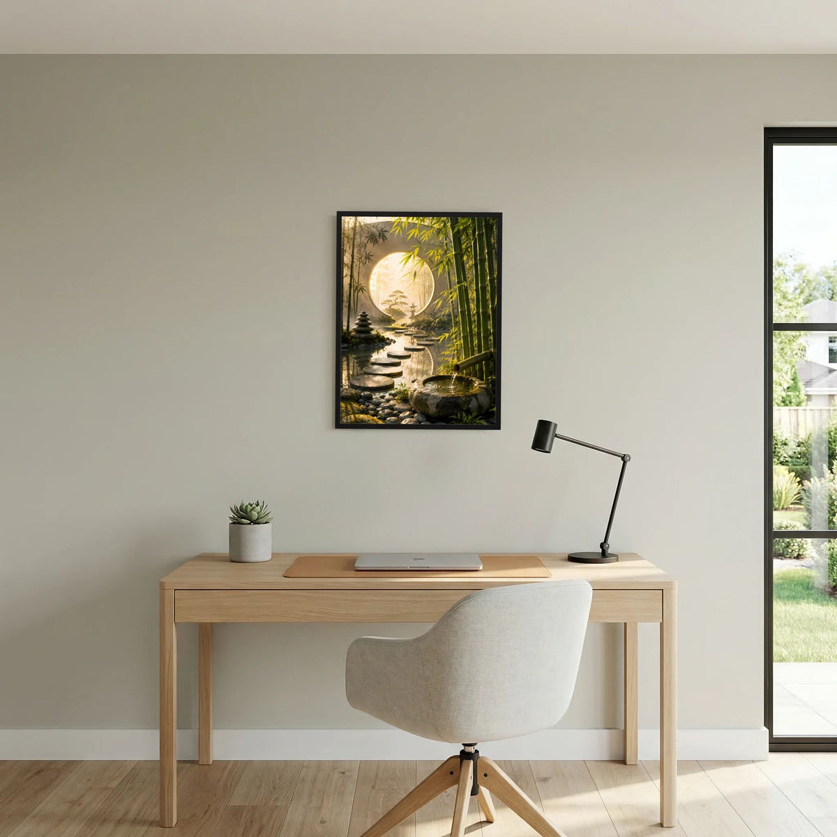 Gerahmtes Hochformat-Poster mit Bambusallee, Mondtor und Trittsteinen