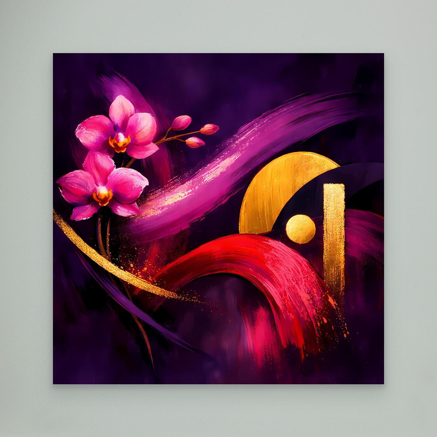 Leinwandbild ohne Rahmen: abstrakte Orchideenblüten in Pink mit goldenen Akzenten auf Violett