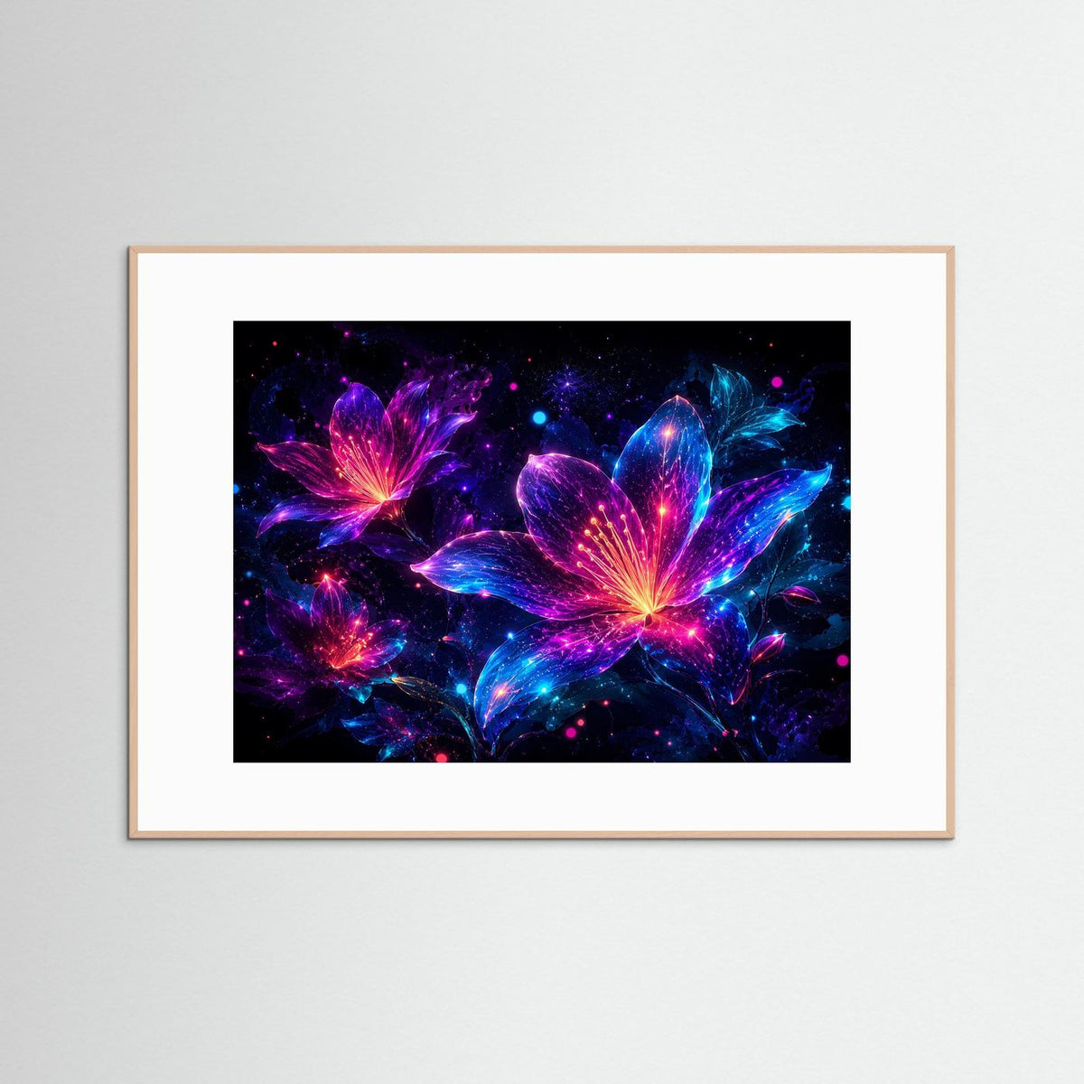 Neon-Blumenbild mit abstrakten Lilien in Pink, Violett und Blau, hellholzfarben gerahmt