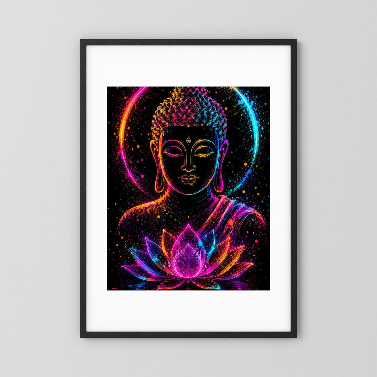Leuchtendes Buddha-Neonposter mit Lotussymbol, schwarzer Rahmen mit weißem Rand