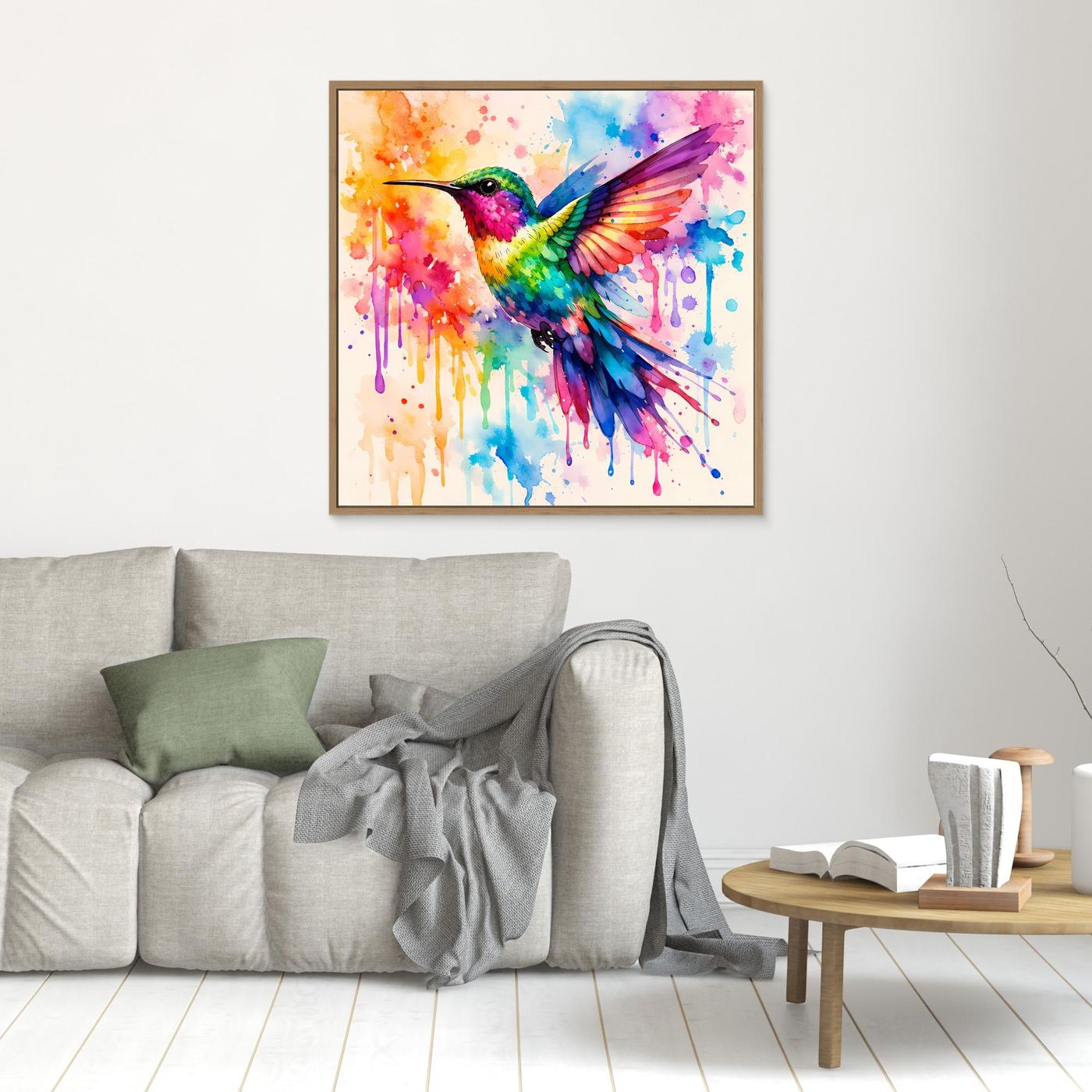 Leinwandbild Kolibri im Aquarell, klein mit goldfarbenem Rahmen