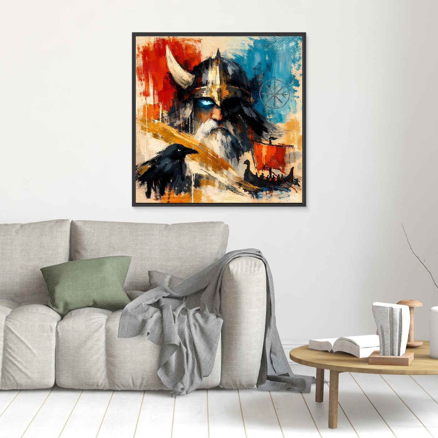 Small black-framed abstract Nordic warrior wall art with raven, red and blue strokes