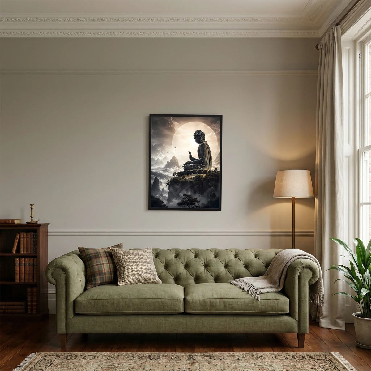 Hochformat-Poster mit Rückenansicht des Meditierenden Buddha vor Wolkenlandschaft